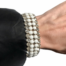 Load image into Gallery viewer, Vintage Jewelry White Beaded Rhinestone Studded Silver Tone Stretch Bracelet
