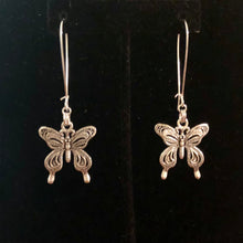 Load image into Gallery viewer, Handmade by Rose, Silver Tone Filigree Long Dangle Butterfly Pendant Earrings
