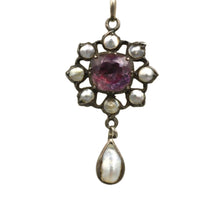 Load image into Gallery viewer, Antique Georgian Purple Paste Sterling Silver MOP Flower Drop Pendant Necklace
