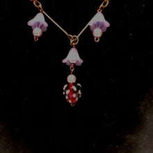 Load image into Gallery viewer, Handmade by Rose Vintage Red Strawberry Purple Bell Flower and Purple Pearl Copper Necklace and Earrings Jewelry Set
