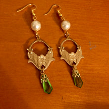 Load image into Gallery viewer, Handmade by Rose, Art Nouveau Style Gold Lilly Flower Vintage Faux Pearl and Peridot Drop Earrings
