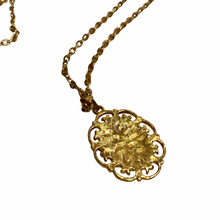 Load image into Gallery viewer, Vintage Jewelry Gold Tone Openwork Filigree Mauve Rose Floral Flower Pendant Necklace
