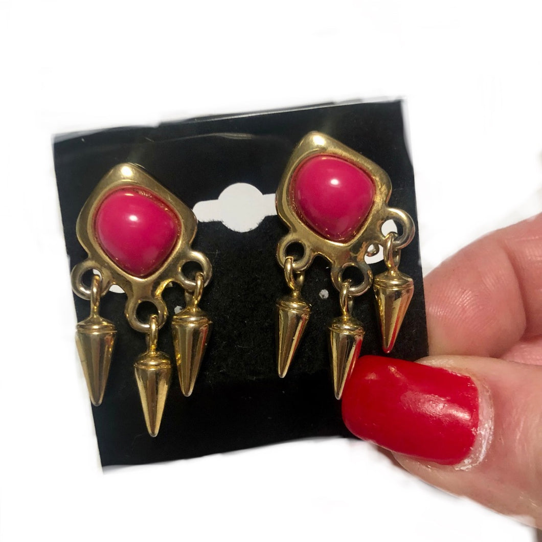 Vintage Jewelry 1980’s Pink and Brass Spiked Dangle Clip on Earrings