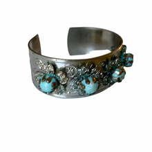 Load image into Gallery viewer, Vintage Middle Eastern Silver Tone Filigree Faux Turquoise Glass Bead Floral Metal Cuff Bracelet
