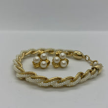 Load image into Gallery viewer, Vintage Trifari Faux Pearl Gold Torsade Multistrand 70’s Bracelet and matching Earrings
