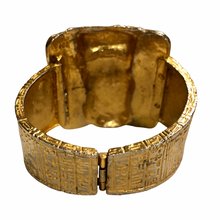 Load image into Gallery viewer, Vintage Jewelry Rare Egyptian Revival Heavy Gold Gilt and Silver Tone Scarab Beetle Hieroglyphic Hinged Cuff Bracelet
