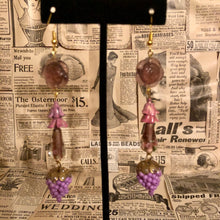 Load image into Gallery viewer, Handmade by Rose, Vintage Purple Pink Bell Floral Glass Flower Grape Cluster Gold Plated Earrings
