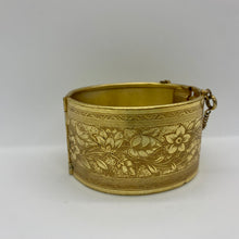 Load image into Gallery viewer, Vtg Signed Miriam Haskell Midcentury Gold Gilt Etched Floral Wide Hinged Cuff Bracelet
