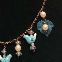 Load image into Gallery viewer, Handmade by Rose Teal Turquoise tone Pearl Three Little Bird Copper Venetian Wedding Cake Beaded Necklace
