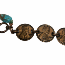 Load image into Gallery viewer, Vintage Jewelry Artisan Handmade US Money Coin Copper Penny Bracelet with Faux Turquoise Accent
