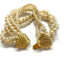 Load image into Gallery viewer, Vintage Crown Trifari Rare Midcentury Faux Gold Seashell Bow Multistrand Pearl Bracelet
