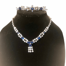 Load image into Gallery viewer, Vintage Jewelry Set Royal Blue and Light Blue Rhinestone Deco Style Parure Multistrand Necklace Bracelet and Screwback Earrings
