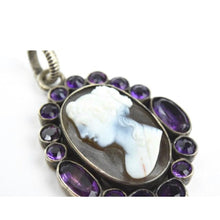 Load image into Gallery viewer, Antique 18th Century Georgian Amethyst and Hand Carved Hardstone Sterling Silver Agate Cameo Necklace Pendant
