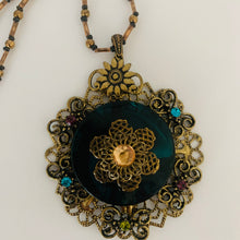 Load image into Gallery viewer, Vintage Brass Tone Dark Green Lucite Disc Brass Flower Filigree Bead Rhinestone Necklace
