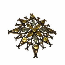 Load image into Gallery viewer, Vintage Jewelry Brass Tone Filigree Openwork Yellow Rhinestone Floral Flower Brooch Pin
