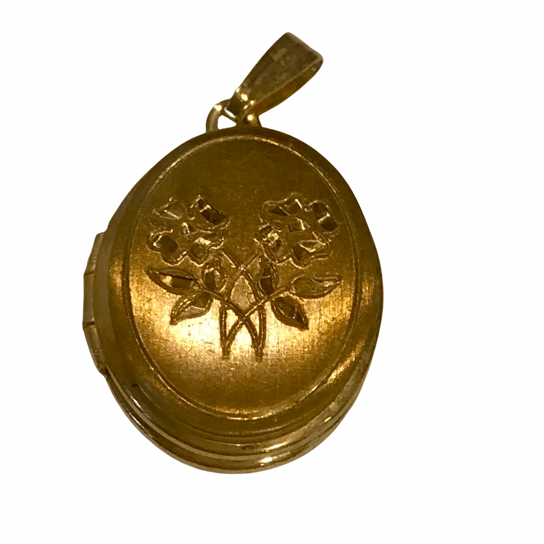 Vintage Jewelry Dark Gold Bronze Tone Oval Floral Flower Etched Locket Necklace Pendant