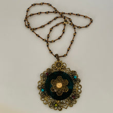 Load image into Gallery viewer, Vintage Brass Tone Dark Green Lucite Disc Brass Flower Filigree Bead Rhinestone Necklace
