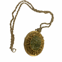 Load image into Gallery viewer, Vintage Jewelry Green textured Gold Tone Filigree Large Locket Pendant Necklace
