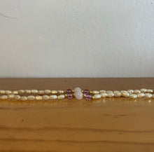 Load image into Gallery viewer, VTG Lariat Rope Faux Ivory Small Pearls 38” Necklace Purple Gold Various Beads
