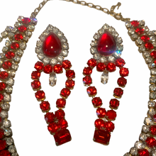 Load image into Gallery viewer, Vintage Demi Parure Bijoux MG Ruby Red Czech Glass Rhinestone Statement Necklace Dangle Earrings
