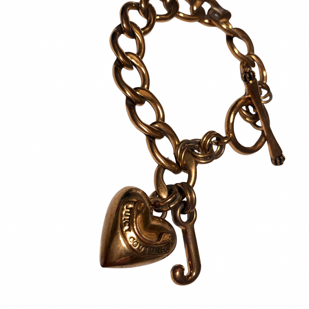 Juicy Couture Gold Tone Puffy Heart Linked Starter Logo Charm Bracelet