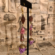 Load image into Gallery viewer, Handmade by Rose, Vintage Purple Pink Bell Floral Glass Flower Grape Cluster Gold Plated Earrings
