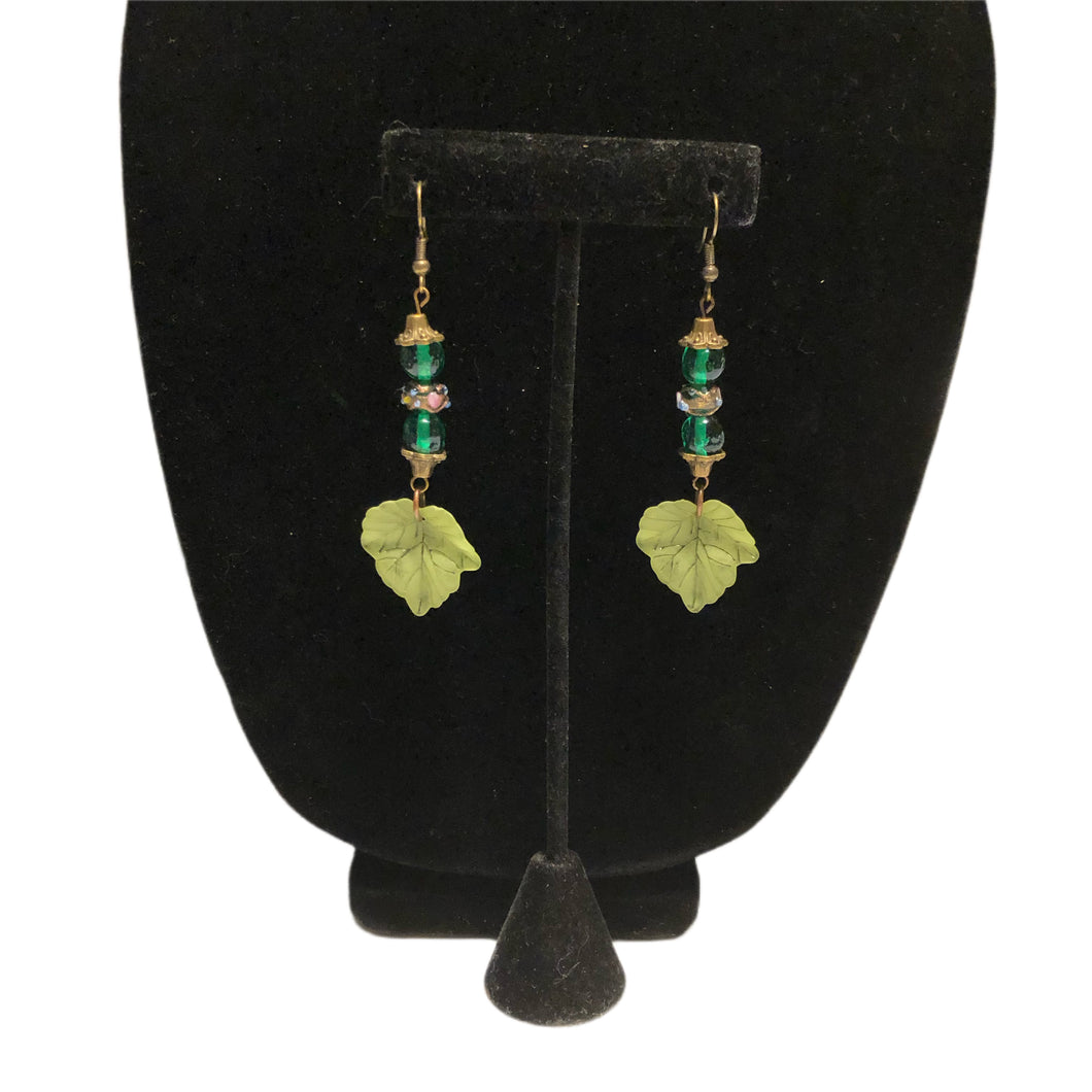 Handmade by Rose Green Leaf Vintage Glass Haskell and Venetian Wedding Cake Floral Beaded Brass Tone Dangle Earrings