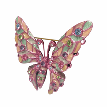 Load image into Gallery viewer, Vintage Joan Rivers Pink Enamel Plique a Jour Butterfly Swarovski Rainbow Rhinestone Brooch
