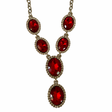 Load image into Gallery viewer, Vintage Style Faux Ruby Red Gemstone Cabochons Clear Rhinestones Drop Dangle Silver Tone Necklace
