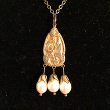 Load image into Gallery viewer, Handmade by Rose, 1930’s Thirties Vintage French Art Nouveau Patina Raw Brass Pendant and Faux Pearl Necklace

