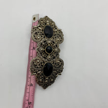 Load image into Gallery viewer, Vintage Metal Hair Barrette Faux Silver Filigree Faux Onyx Plastic Gemstones
