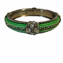 Load image into Gallery viewer, Vintage Costume Jewelry Green Plastic Tubular Rhinestone Silver Tone Bracelet

