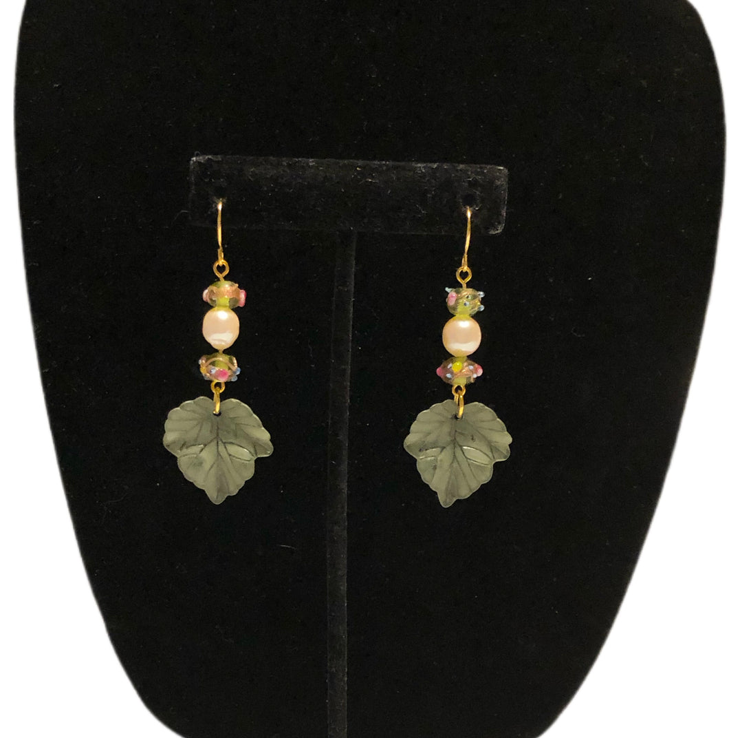 Handmade by Rose Green Leaf Vintage Faux Glass Baroque Pearl and Venetian Wedding Cake Floral Beaded Gold Tone Dangle Earrings