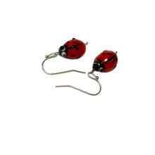 Load image into Gallery viewer, Handmade by Rose Lampwork Red and Black Ladybug Bug Insect Silver Tone Beaded Earrings
