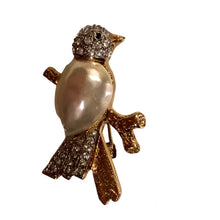 Load image into Gallery viewer, Vintage Huge Faux Pearl Belly Faux Pave Diamond Gold Tone Rhinestone Bird on Branch Brooch Pin
