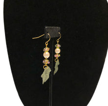 Load image into Gallery viewer, Handmade by Rose Green Leaf Vintage Faux Glass Baroque Pearl and Venetian Wedding Cake Floral Beaded Gold Tone Dangle Earrings
