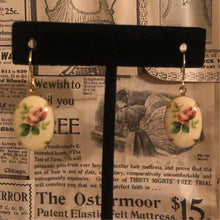 Load image into Gallery viewer, Handmade by Rose, Vintage Off White Pink Green Roses Floral Oval Painted Stone Gold Tone Earrings
