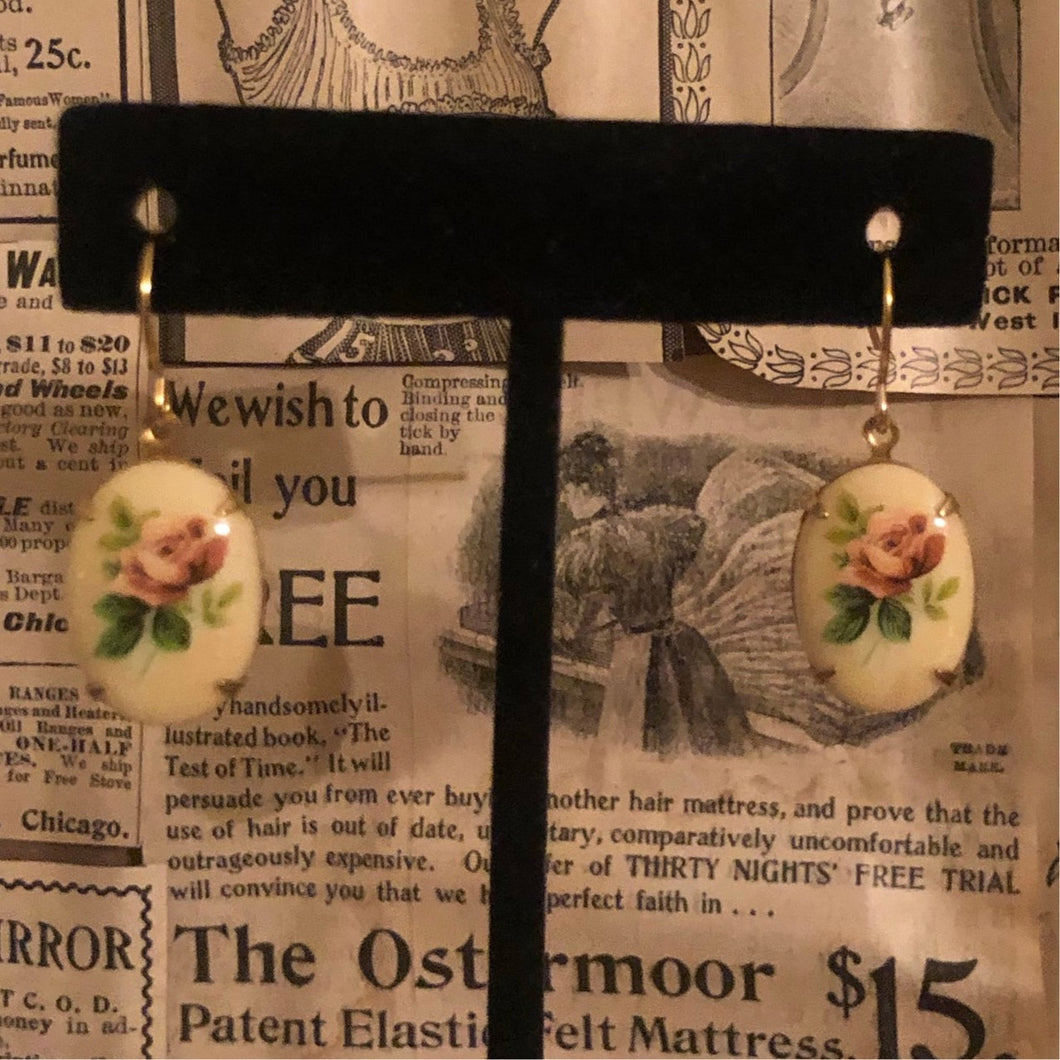 Handmade by Rose, Vintage Off White Pink Green Roses Floral Oval Painted Stone Gold Tone Earrings