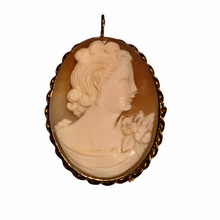 Load image into Gallery viewer, Vintage Jewelry 12K 12 Karat Gold Filled Carved Shell Cameo Woman with Flowers Scalloped Necklace Pendant and Brooch
