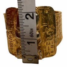 Load image into Gallery viewer, Vintage Jewelry Rare Egyptian Revival Heavy Gold Gilt and Silver Tone Scarab Beetle Hieroglyphic Hinged Cuff Bracelet
