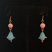 Load image into Gallery viewer, Handmade by Rose, Vintage Beads Teal Pink Bell Flower Haskell Bead Pastel Gold Plated Dangle Spring Earrings
