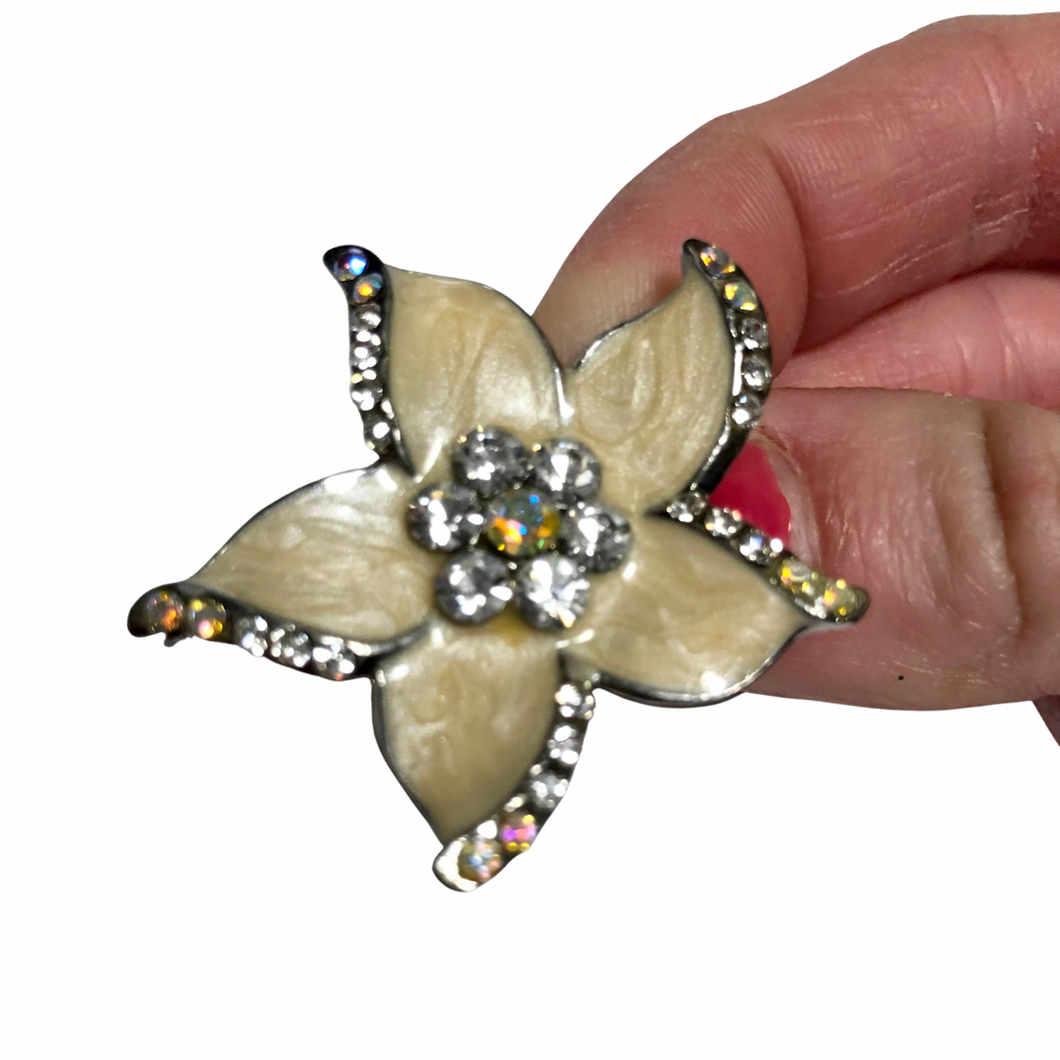 Vintage Jewelry Small Glossy Beige Sparkling Orange Rhinestone Floral Flower Brooch Pin