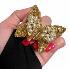 Load image into Gallery viewer, Vintage Jewelry Gold Sequin Faux Pearl Fabric Faux Leather Golden Gold Butterfly Clip on Earrings
