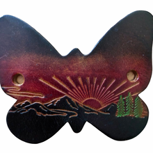 Load image into Gallery viewer, 1970s Vintage Brown Leather Mountain Sunrise Painted Butterfly Pony Tail Bun Holder Chopstick
