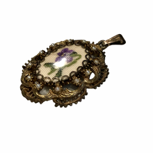 Load image into Gallery viewer, Vintage Jewelry Faux Pearl Needlepoint Purple and Green Flower Brass Tone Cameo Necklace Pendant
