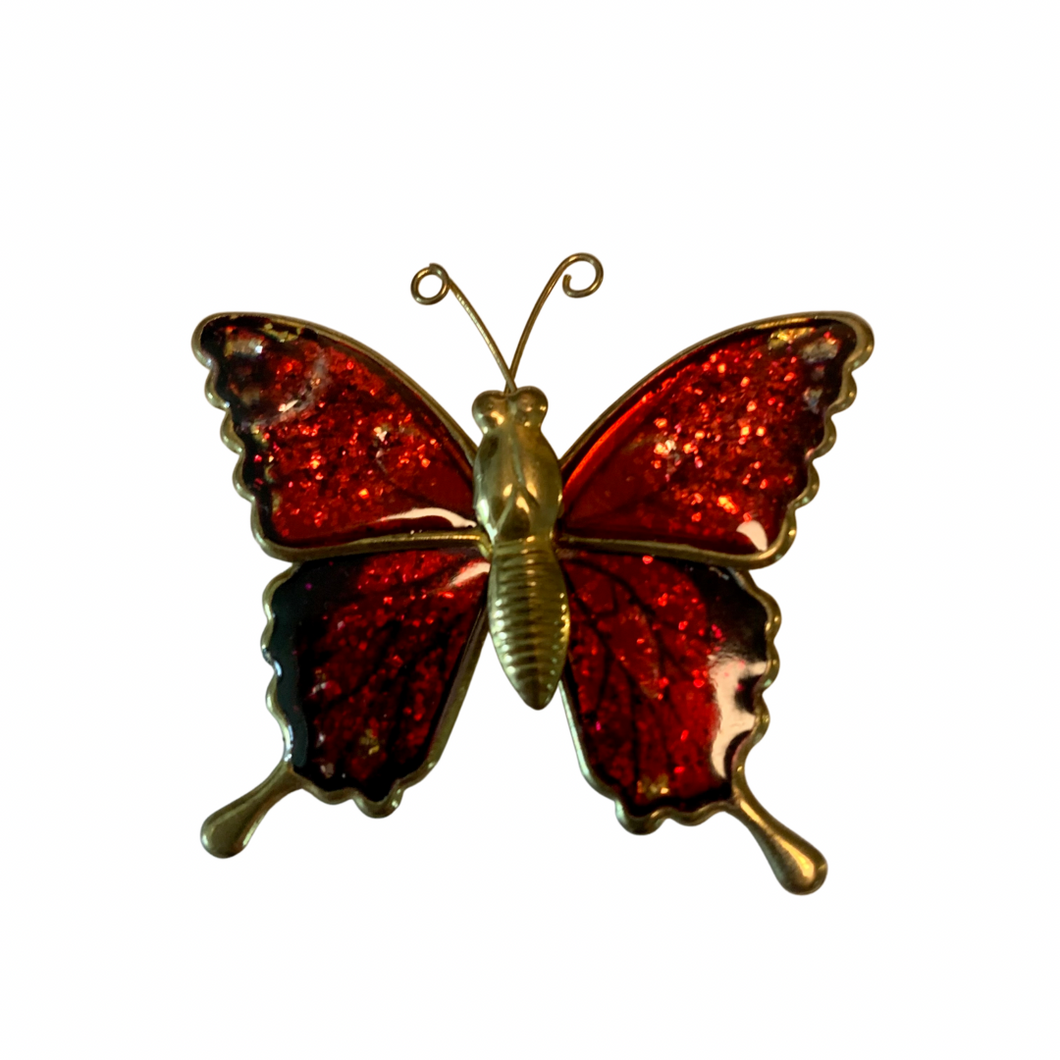 Vintage Jewelry Red Black Glitter Gold Tone Butterfly Brooch Pin