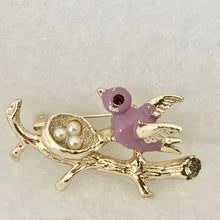 Load image into Gallery viewer, Vtg Gerry’s Purple Enamel Gold Rhinestone Bird on Branch Nest with Faux Pearl Eggs
