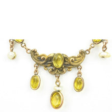 Load image into Gallery viewer, Antique C 1900 Art Nouveau Yellow Citrine Crystals Natural Baroque Pearls Gilt Metal Choker Necklace
