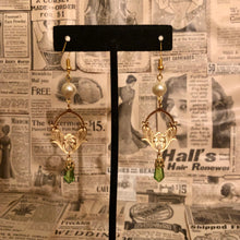 Load image into Gallery viewer, Handmade by Rose, Art Nouveau Style Gold Lilly Flower Vintage Faux Pearl and Peridot Drop Earrings
