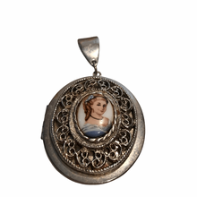 Load image into Gallery viewer, Vintage Jewelry Limoges Style Portrait Filigree Opening Silver Tone Locket Necklace Pendant
